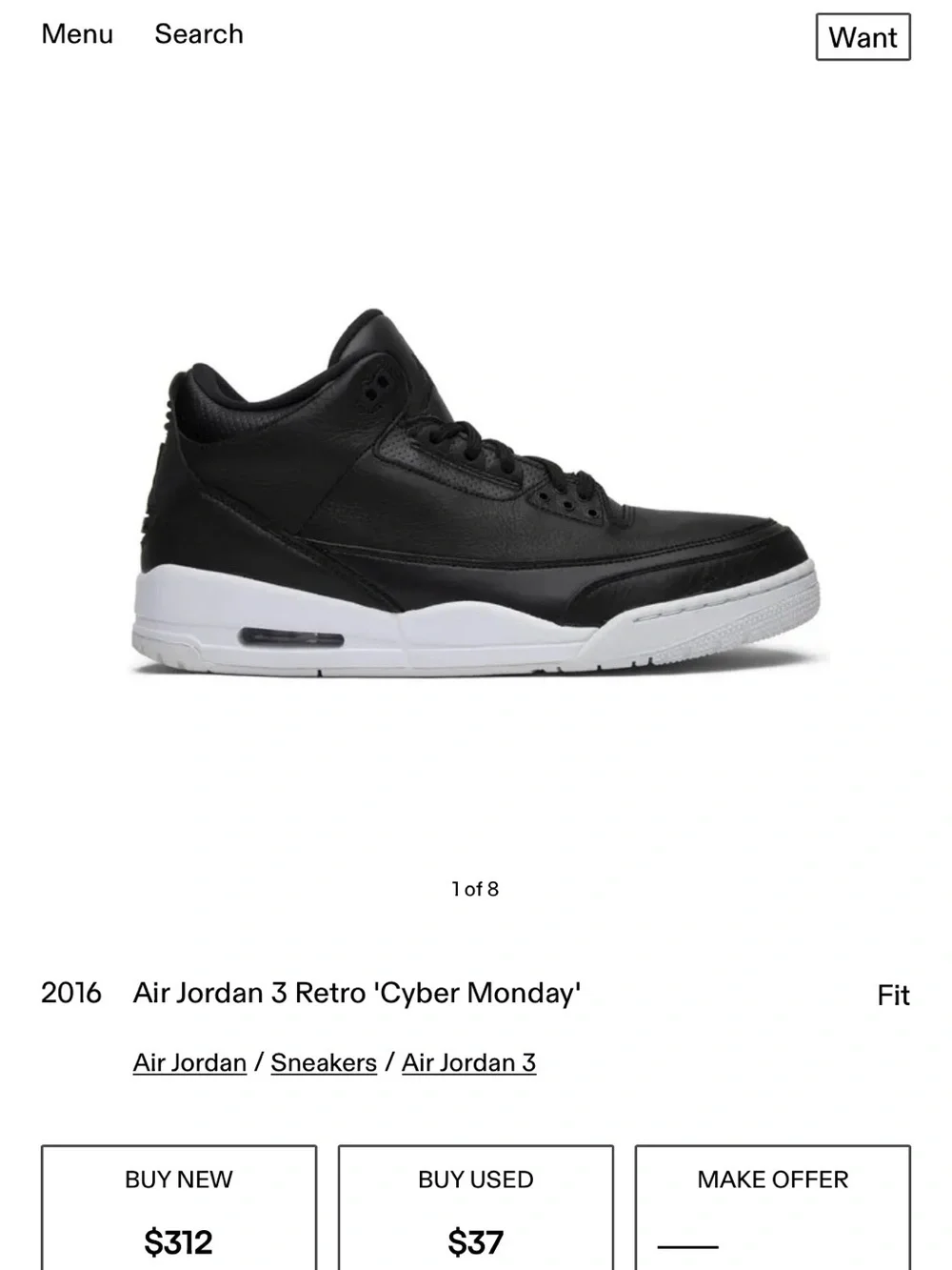 DeadStock Nike Air Jordan 3 “Cyber Monday” Black Leather Sneakers - 9.5M